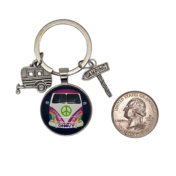 Keychain Retro Van Peace Sign Groovy Magenta - Picture 4 of 7
